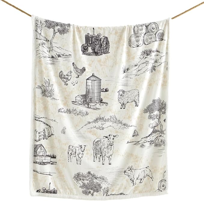 Indigo Hill by HiEnd Accents Farm Life Sherpa Throw Blanket, Brown American Farmstead Rural Life Print Western Blanket for Camping Outdoor, Sherpa Fleece Blanket for Couch, Sofa, Bed, 54x68 inch