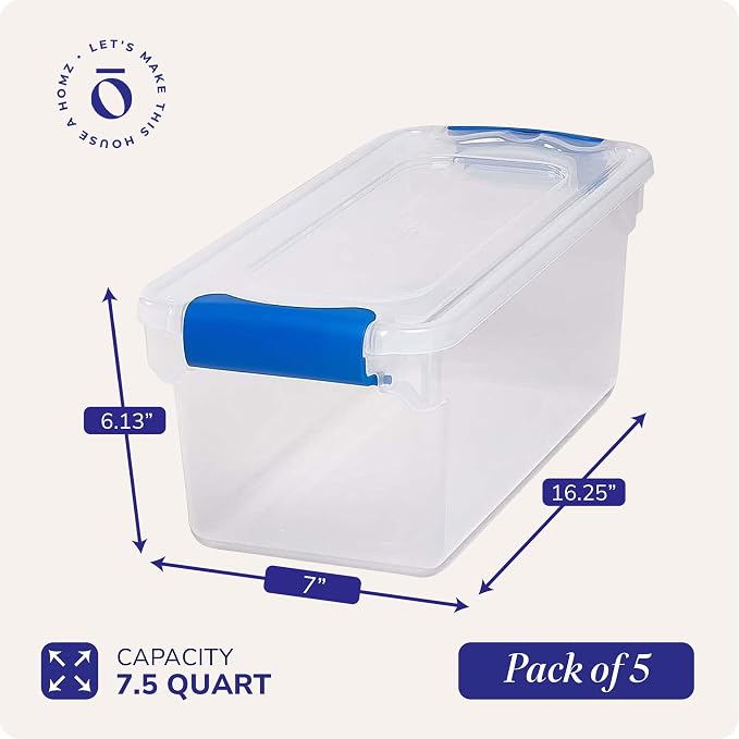 HOMZ 7.5 Quart Clear Plastic Stackable Storage Container Tote with Secure Latching Lid for Home and Office Organization, 5 Pack