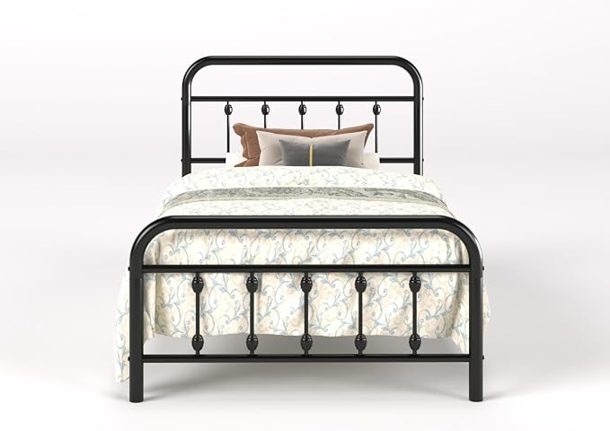SHA CERLIN Twin Metal Bed Frame with Victorian Iron-Art Headboard, Black | Victorian Iron-Art Headboard and Footboard, Easy Assembly, Under Bed Storage, No Box Spring Required