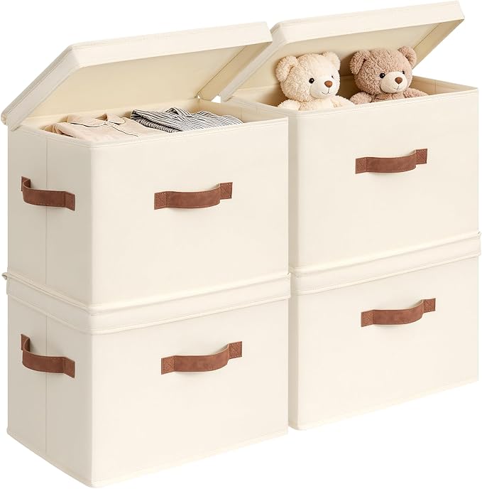 CHICVITA 4-Pack Medium Fabric Storage Baskets with Lids for Shelves,Ivory | 15" x 9.8" x 10.2" Closet Storage Bins with Durable Support Plate, Toy Storage with Handles for Playroom