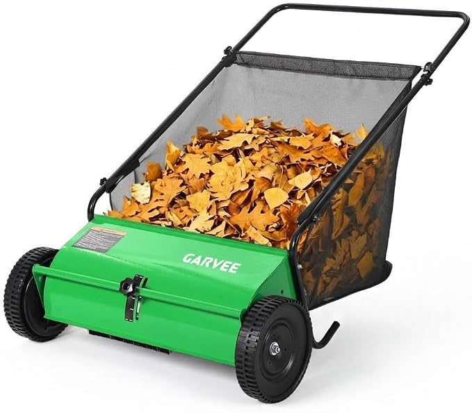 26 Inch Push Lawn Sweeper, 7 Cu. ft Grass Cutter, 4 High-Speed Spinning Brushes, Durable Steel Construction, Walk-Behind Leaf & Grass Collector for Yard Cleanup