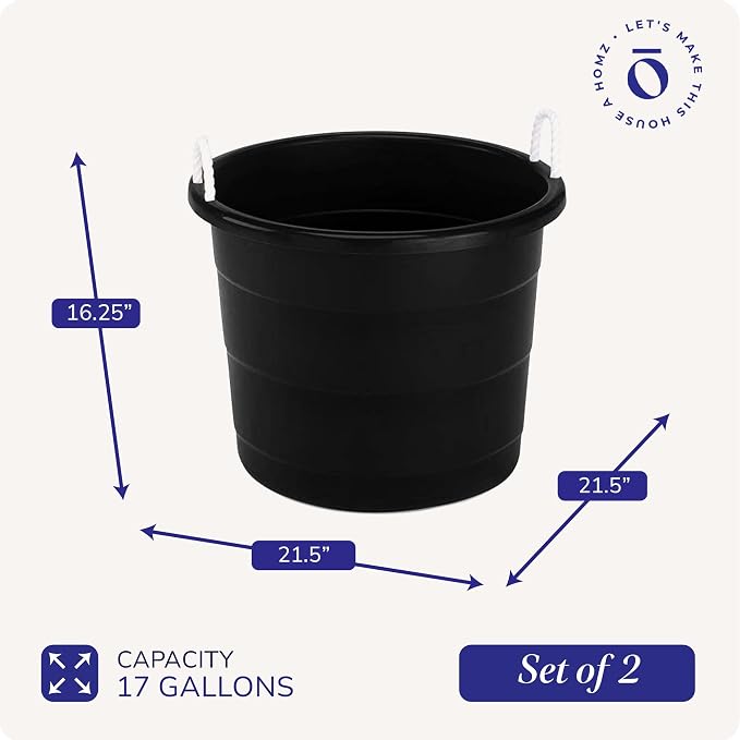 Homz 2 Pack of 17 Gallon Storage Buckets, Durable Plastic Containers, Sturdy Rope Handles, Large Tubs for Sports Equipment, Party Cooler, Gardening, Toys and Laundry, Black