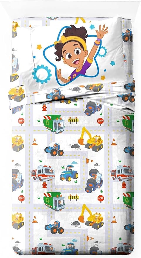 Jay Franco Kids Sheet Cartoon Set with Fitted, Flat Sheets & Pillow Cover - Ultra-Soft Bedding with Pillowcase for Room Decor, White - Blippi, 3 Piece Twin