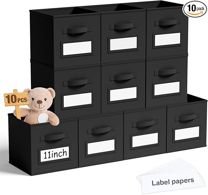 Teenyyou 10 Pack Fabric Storage Cubes 11 Inch Collapsible Cube Bins with Label Window & Handle Foldable Organizers Baskets for Shelf Closet Nursery Kids Room Clothes Book Toy(Black)