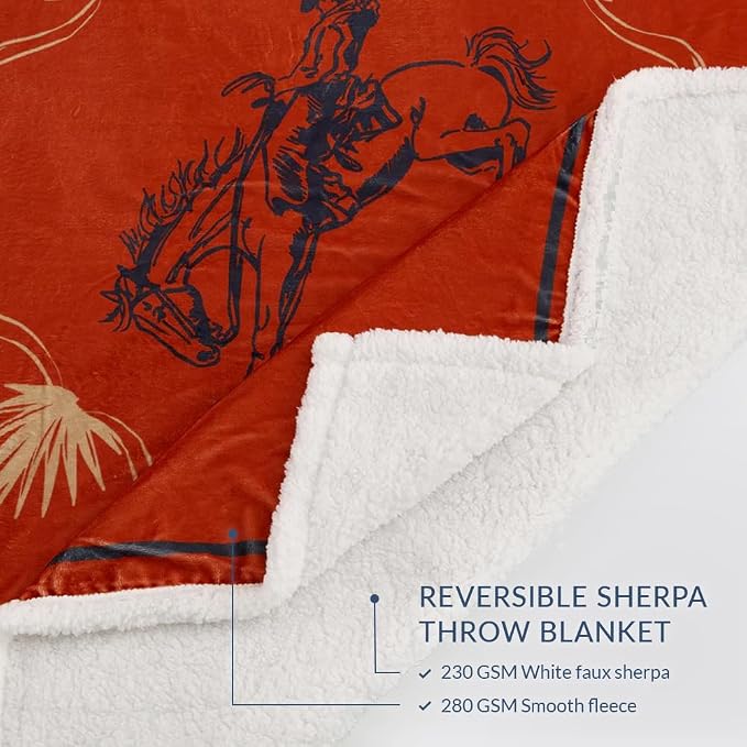 Indigo Hill by HiEnd Accents Marfa Sherpa Throw Blankets, Cowboy Arrow Horsehoe Scull Print Orange Western Blanket for Camping, Rustic Southwest Southwestern Rodeo Sherpa Fleece Blanket, 54x68 inch