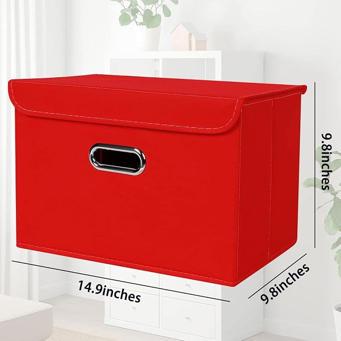 STOREONE Fabric Storage Cube Bins Foldable Organizer Container Collapsible Basket with Lids and Metal Handles, for Home, Bedroom, Closet 3 Pcs (Red)