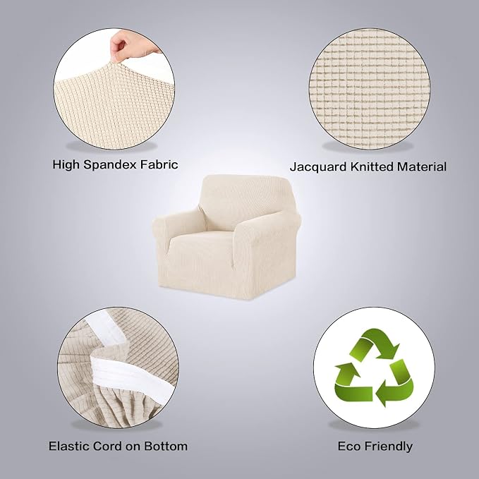 H.VERSAILTEX Stretch Chair Slipcover 1-Piece Armchair Couch Cover Furniture Protector Fit Chair Width 30-40 Inches Jacquard Small Checked with Elastic Bottom for Kids(Armchair, Natural)