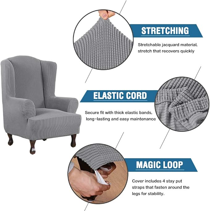 H.VERSAILTEX Wing Chair Slipcover Chair Covers for Wingback Chairs Wingback Chair Covers Slipcovers 1 Piece Stretch Sofa Cover Furniture Protector Soft Spandex Jacquard Checked Pattern, Dove