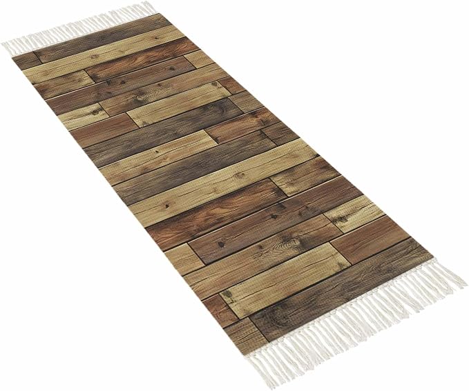 Brown Kitchen Hallway Runner Rug 2X5 Ft Carpet, Washable Woven Vintage Country Wooden Grain Throw Carpet with Tassel, Non-Shedding Farmhouse Cabin Retro Plank Stitching Art Entryway Laundry Rugs