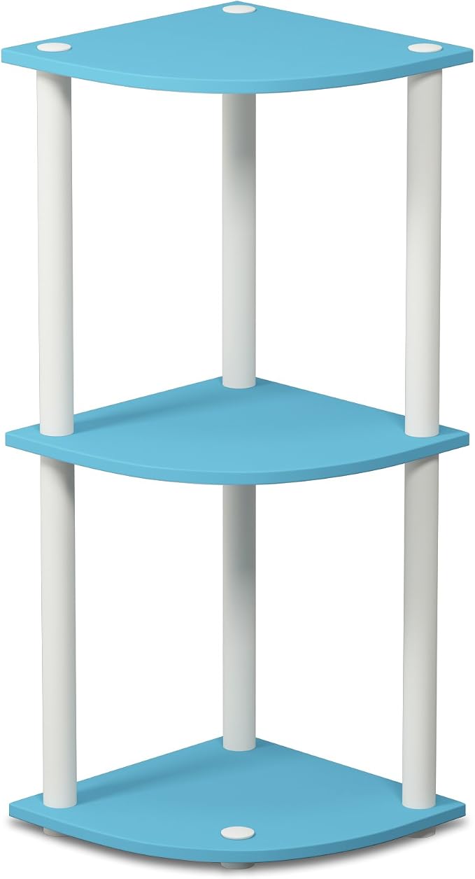 Furinno TURN-N-TUBE Corner Shelf, 3-Tier Corner Bookshelf, Display Storage Shelves with Open Shelves, for Organization and Storage, Living Room, Home Office, Garage, Light Blue