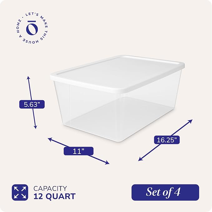 HOMZ 4-Pack Snaplock, Small Clear Plastic Storage Bins with Lids, 12 Quart, White