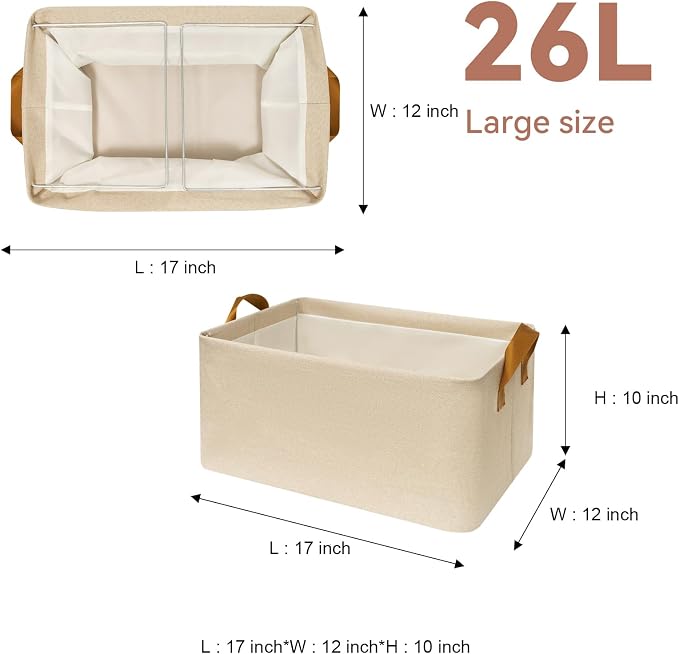 4 Pack Closet Cloth Storage Bins with Handles（ Beige 17''L x 12''W x 10''H）