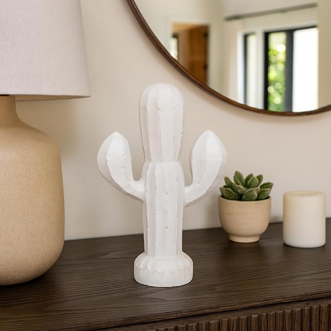 Wooden Cactus Statue – Room Decor Accent for Shelves and Tables, Indoor Home Decor for Living Room or Entryway, Modern Statue Silhouette for Sculptural Interest – 14", White