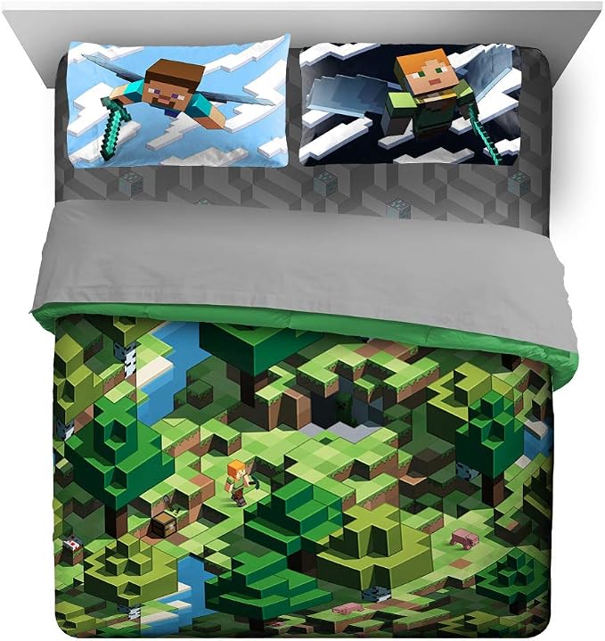 Minecraft Creeper Queen Comforter Set 7 Piece Kids Bedding for Boys, Green | Video Gaming, Bed in a Bag, Comforter Sheets Shams Pillowcases, Official Product, Microfiber, Machine Washable, Boys Gift