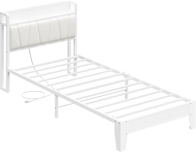LIKIMIO Twin XL Bed Frames, PU Leather Storage Headboard with Charging Station, Solid and Stable, Noise Free, No Box Spring Needed, Easy Assembly, White