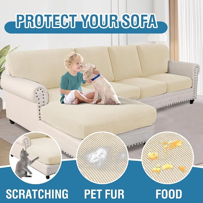 H.VERSAILTEX Sectional Couch Covers 8 Pieces Stretch Sofa Covers for Sectional Sofa Set Separate L Shaped Couch Cover for Both Left/Right Couch (Seat and Back: 1 Chaise + 3 Sofa, Natural)