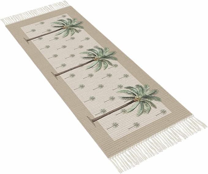 Tropical Palm Tree Kitchen Hallway Runner Rug 2X5 Ft Carpet, Washable Woven Brown Summer Beach Plant Throw Carpet with Tassel, Non-Shedding Farmhouse Retro Green Botanical Entryway Laundry Rugs