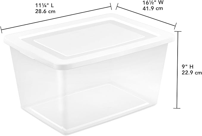 Sterilite Clear Storage Box Stackable Tote, 58 Quart, 16-Pack | Clear Plastic Container with Secure Snapping Lids for Home and Office Organization, White