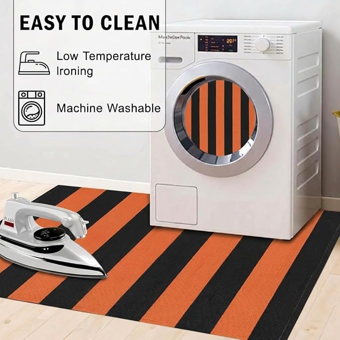 Striped Outdoor Rug 3' x 5' Orange and Black Front Door Mat, Halloween Layering Rug for Porch, Washable Doormat, Cotton Area Rug for Outdoor Entrance Entryway Patio Porch Decor