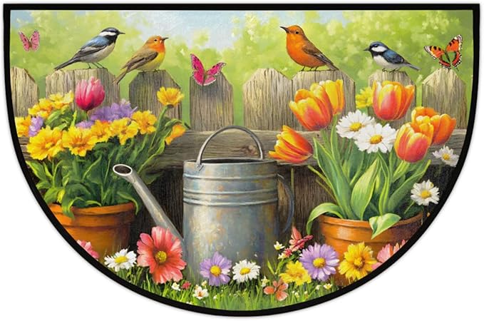 cfpolar Spring Birds Flowers Half Round Door Mat Indoor Entrance Half Circle Area Rug Semi Circular Door Mat Half Moon Rug for Floor Bathroom Living Room Bedroom Kitchen Fireplace 24"x36",A-08