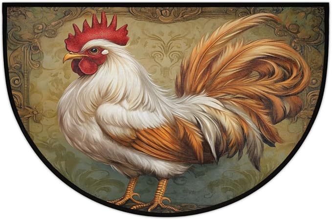 Rooster Half Round Doormat Semi Circle Rug Half Moon Rug Entryway Mat | Rooster Vintage Washable Non Slip Outdoor Floor Rug Kitchen Mat for Indoor Outdoor Bathroom Fireplace Bath Decor