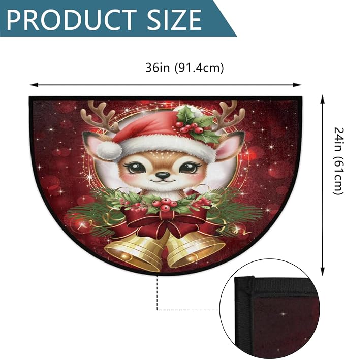 cfpolar Christmas Deer Bells Holly Half Round Door Mat Outdoor Entrance Large 24"x36" Half Circle Welcome Entrance Way Mat Semi Circular Front Door Mat Area Rug for Garage, Patio, High Traffic Areas