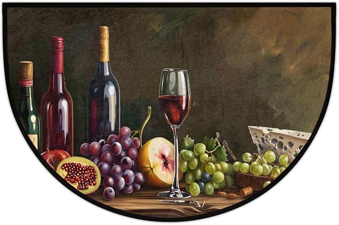 Wine Half Round Doormat Non-Slip Semi Circle Rug Half Moon Mat | Kitchen Grape Cheese Washable Soft Absorbent Indoor Outdoor Entrance Kitchen Bathroom Sink Patio Welcome Fireplace Floor Rug