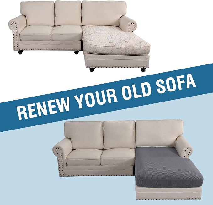 H.VERSAILTEX Sectional Couch Covers 1 Piece Chaise Slipcover L Shape Separate Cushion Couch Cover for Both Left/Right Sectional Couch (Seat Only: 1 Chaises, Grey)