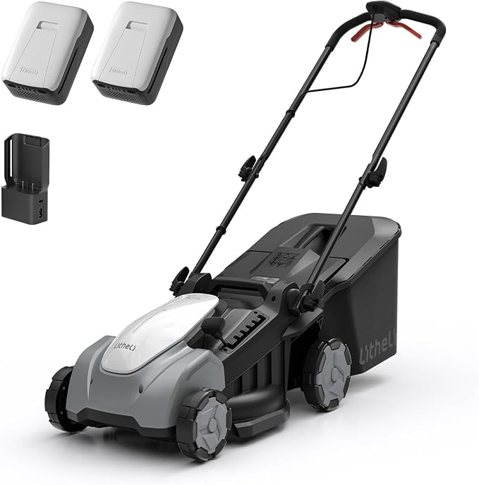 Litheli 40V Cordless Lawn Mower 16″, Brushless Motor, 6 Cutting Heights (25-75mm), 50L Bagging & Mulching, Includes 2×5.0Ah Batteries & Charger