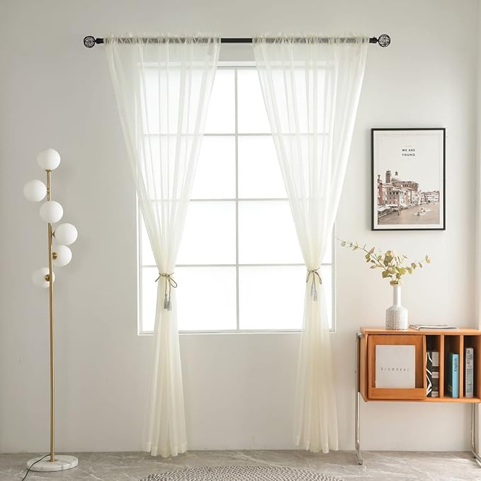 SpaceDresser Basic Rod Pocket Sheer Voile Window Curtain Tiers Ivory 2 Panels 52 Width 84 Inch Long for Kitchen Bedroom Children Living Room Yard(Ivory,52 W x 84 L)