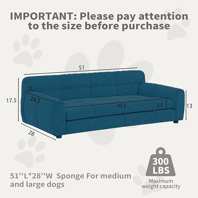 Dog Couch Bed, 51" Sofa for Dogs with Backrest and Armrest, Durable Pet Sofa with Soft Foam Cushion, Elevated Dog Couch Bed with Legs for Medium and Large Dogs, Blue