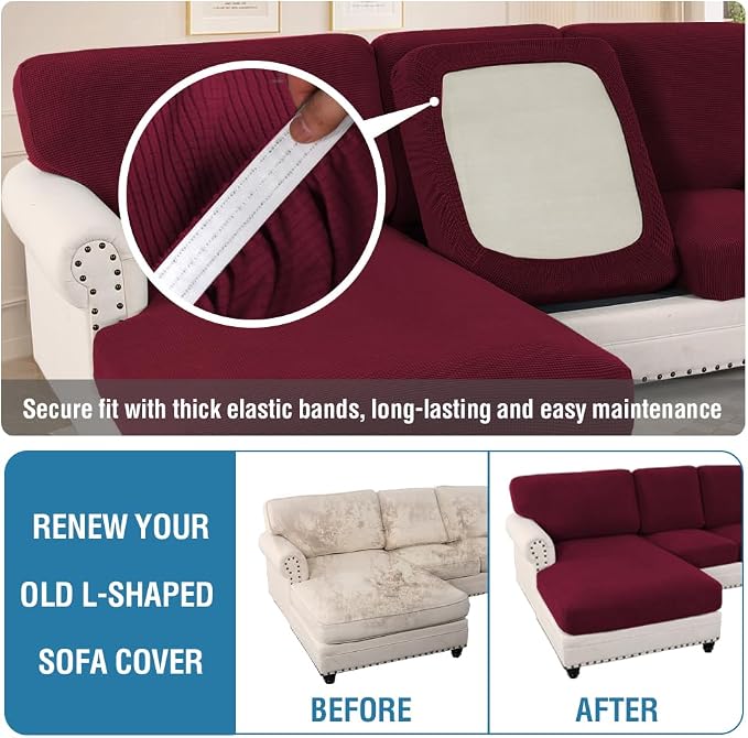 H.VERSAILTEX Sectional Couch Covers 6 Pieces Stretch Sofa Covers for Sectional Sofa Set Separate L Shaped Couch Cover for Both Left/Right Couch (Seat and Back: 1 Chaise + 2 Sofa, Burgundy)