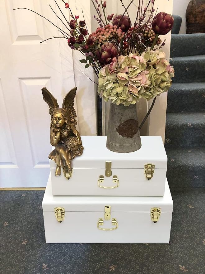 Vixdonos Decorative Metal Box Storage Trunks Set of 2 College Dorm Chest with Lock Hole,23.7X14.2X9.5 Inches(White)