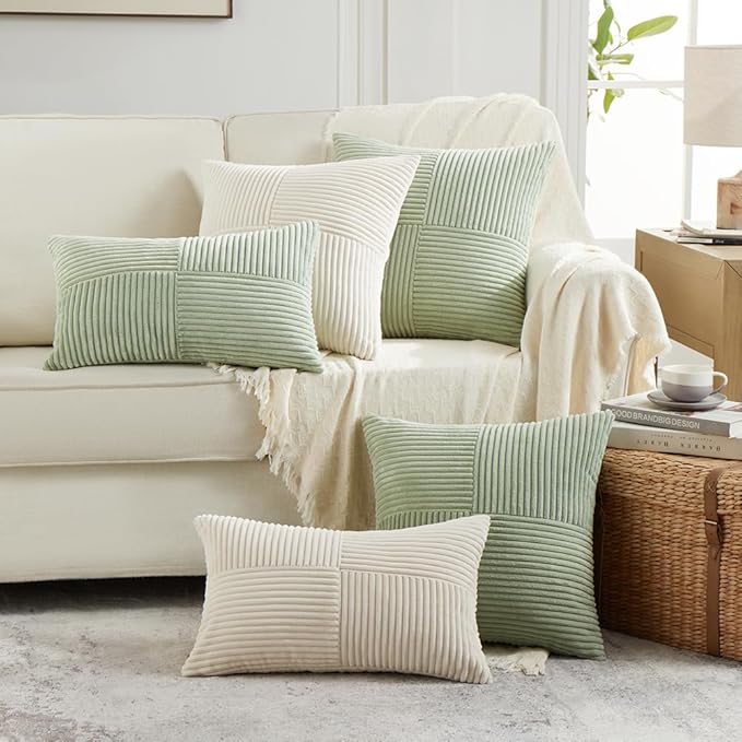 Fancy Homi 2 Packs Sage Green Lumbar Decorative Throw Pillow Covers 14x22 Inch for Living Room Couch Bed, Rustic Farmhouse Boho Home Decor, Soft Striped Corduroy Rectangle Accent Cushion Case 35x55 cm