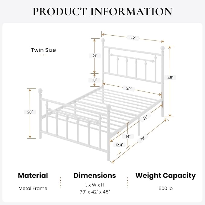SHA CERLIN 14" Twin Size Metal Platform Bed Frame/Victorian Headboard and Footboard/Steel Slats Mattress Foundation for Storage/No Box Spring Needed/Noise Free/White