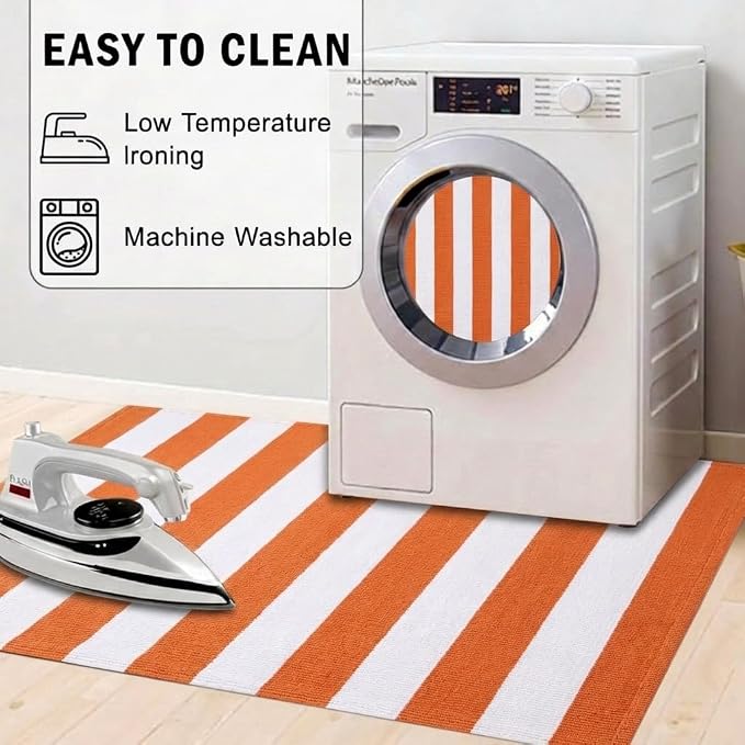 Striped Outdoor Rug 3' x 5' Orange and White Front Door Mat, Halloween Layering Rug for Porch, Washable Doormat, Cotton Area Rug for Outdoor Entrance Entryway Patio Porch Decor