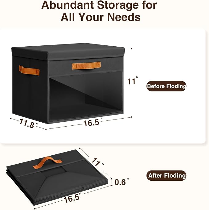 Homsorout Large Storage Bins with Lids - 6 Pack Foldable Decorative Organizers with Clear Windows & Handles, Cube Storage Organizers for Clothes, Blankets, Sweaters, CD, Black