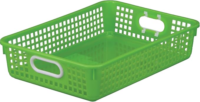 Really Good Stuff Multi-Purpose Small Desktop Paper Storage Baskets | 14" x 10" x 3.25", Set of 4, Neon Group Colors, Classroom Organization, Stackable Mesh Plastic Baskets with Grip Handles