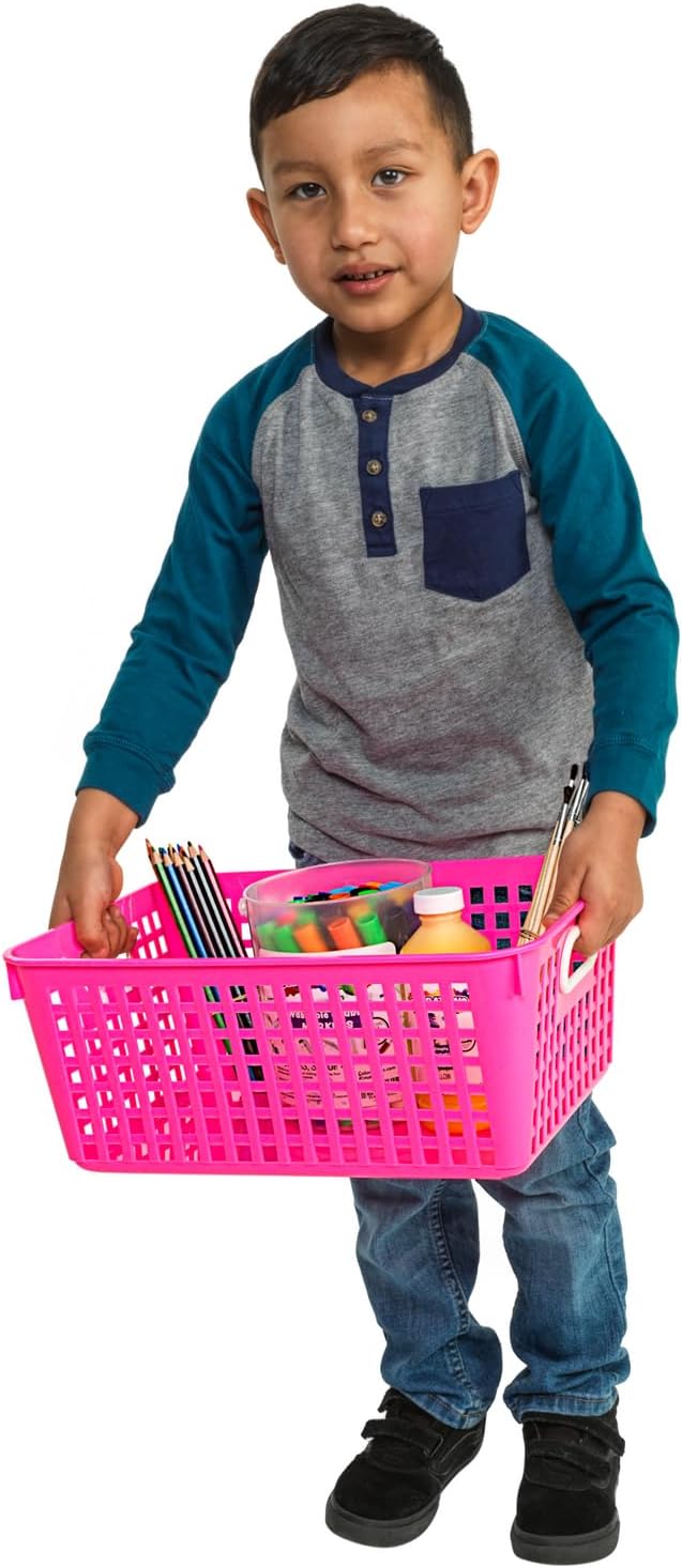 Really Good Stuff Large Plastic Storage Baskets with Handles - 6 Pack | 13.75" x 9.75" x 5", Neon Group Colors, for Books & Supplies, Organize Classroom & Home