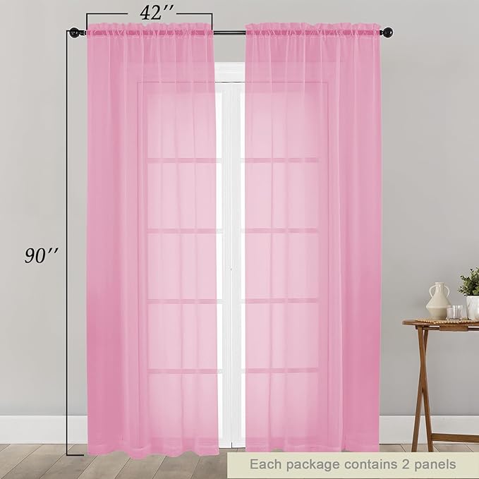 Sheer Pink Curtains for Bedroom Living Room 90 Inches Long 2 Panels Set - Image 2