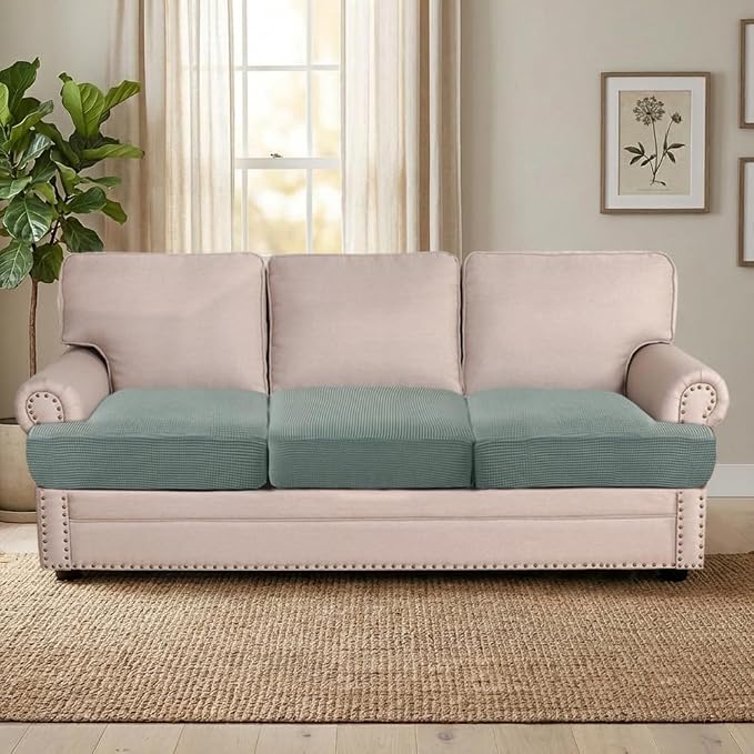 H.VERSAILTEX Stretch 3 Piece T Cushion Sofa Slipcovers Individually Sofa Cushion Covers for 3 Cushion Couch Sofa Seat Cushion Covers with Elastic Bands Featuring Thicker Jacquard Fabric, Sage