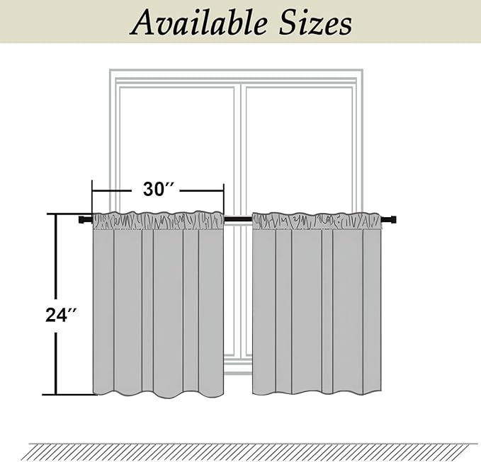 Simplebrand Ava Black Short 24 Inches Blackout Curtain 2 Panels Set, Half Window Rod Pocket Privacy Curtain Tiers for Kitchen, Curtains Blackout for Bathroom Shades, W30 x L24 Inch, Black