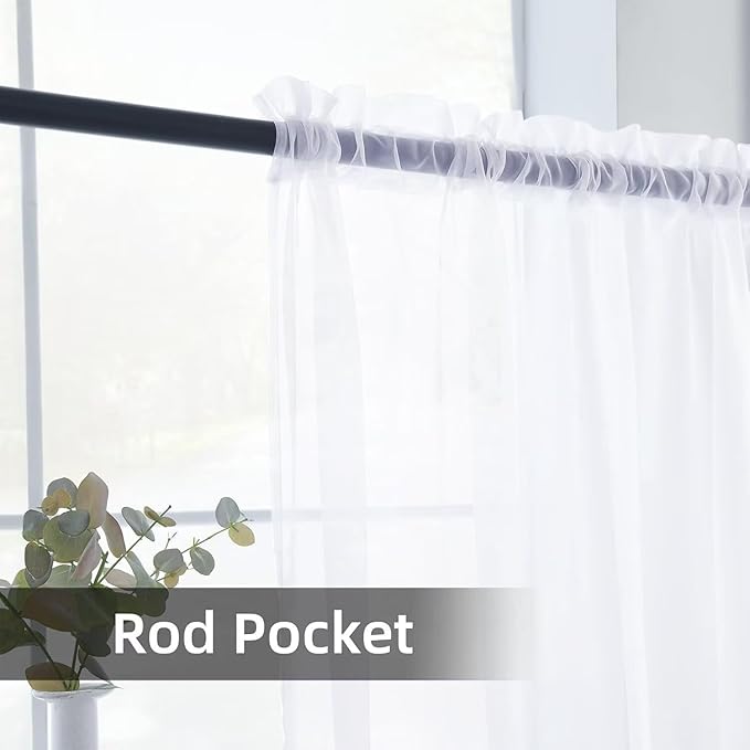 youleyar Solid Sheer Rod Pocket Curtain Voile Draperies 4 Panels White Beige Black Grey Ivory 52 Inch Width 63 Inch Long 1 Pair for Kitchen Bedroom Children Living Room Yard(Optical White,52 Wｘ63 L)