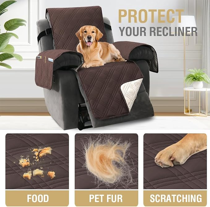 H.VERSAILTEX 100% Waterproof Reclining Couch Covers 1-Piece Reversible Recliner Chair Covers Furniture Protector with Elastic Straps for Pets Kids Sitting Width Up to 23" (Recliner, Brown/Beige)