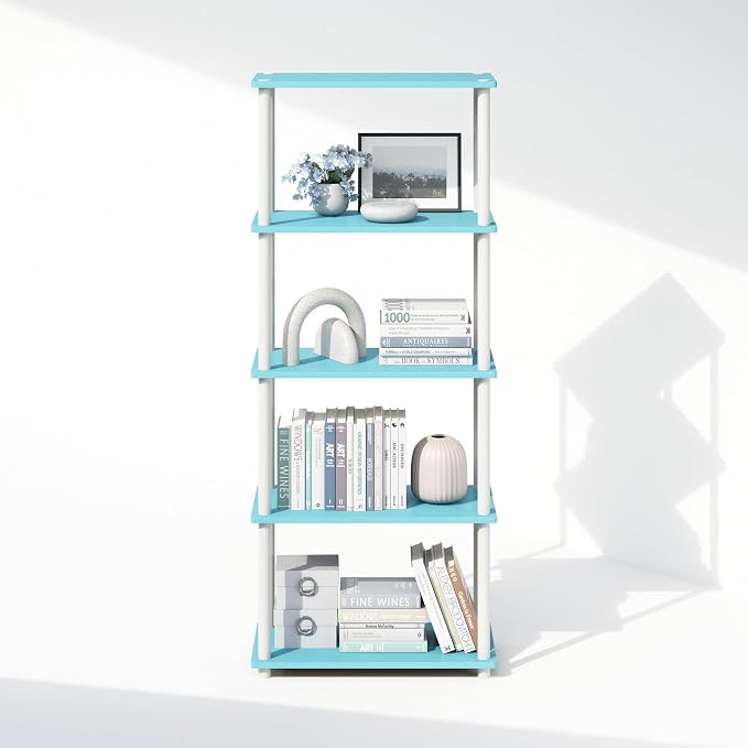 Furinno Turn-N-Tube Book Shelf, 5-Tier Bookshelf, Bookcase with Multipurpose Compact Display Rack, 11.6 x 23.6 x 57.4, for Living Room, Bedroom, Home Office, Light Blue/White