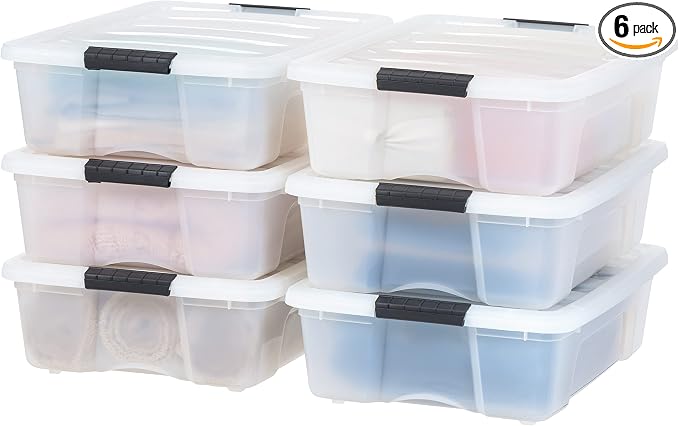 IRIS USA 6-Pack 27 Quart Storage Bins with Lids, Pearl | Conceals contents for a clean look. Great for linens, décor, closet storage, and supplies. Nestable design saves space