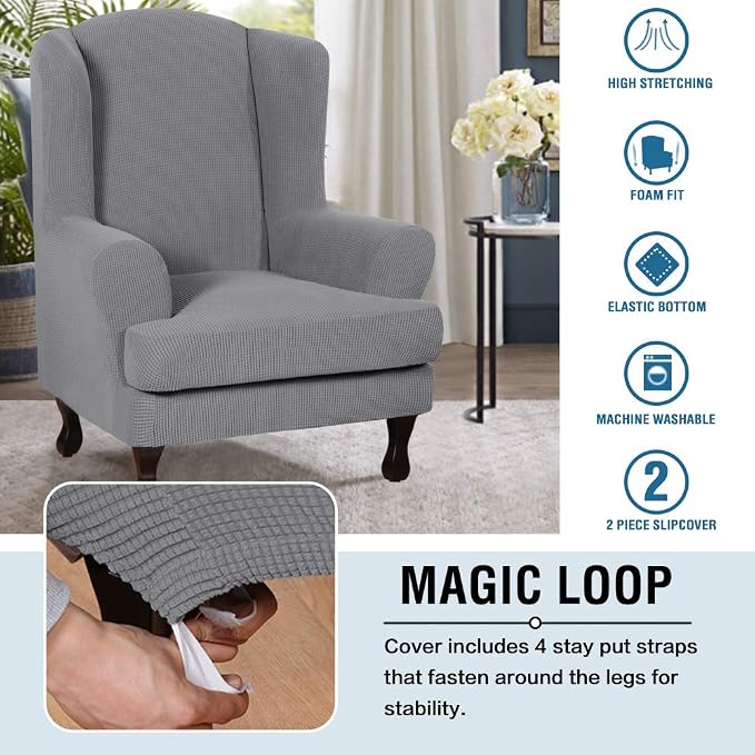 H.VERSAILTEX 2 Piece Stretch Jacquard Wingback Chair Covers Slipcovers Wing Chair Covers (Base Cover Plus Seat Cushion Cover) Furniture Covers for Wingback Chairs, Form Fitted Thick Soft, Dove