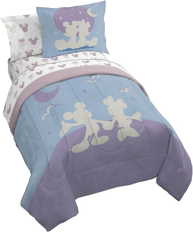 Disney Mickey and Minnie Mouse Twin Comforter Set 5 Piece Bedding, Grey | Bed in a Bag, Comforter Sheets Sham Pillowcase, Official Product, Soft Microfiber, Machine Washable, Easy Care, Kids Gift