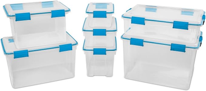 Sterilite Gasket Storage Box with Lids for Home & Office, 54 Quart, 8-Pack | Heavy-Duty, Stackable, and Organizing Containers for Bathroom, Cabinet, Closet, and Garage, Clear and Blue Aquarium Latches