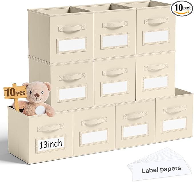 Teenyyou 10 Pack Fabric Storage Cubes 13 Inch Collapsible Cube Bins with Label Window & Handle Foldable Organizers Baskets for Shelf Closet Nursery Kids Room Clothes Book Toy(Beige)
